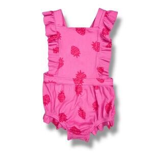 Cat & Jack Romper Baby Girl 18M Pink Strawberry Print Ribbed Ruffle Strap Summer